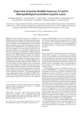 Expression of Protein Disulfide Isomerase A3 and Its Clinicopathological Association in Gastric Cancer