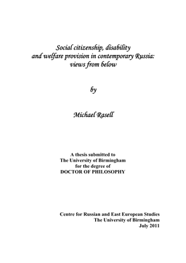 Social Citizenship, Disability and Welfare Provision in Contemporary Russia: Views from Below