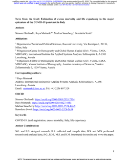 Estimation of Excess Mortality and Life Expectancy in the Major Epicenters of the COVID-19 Pandemic in Italy