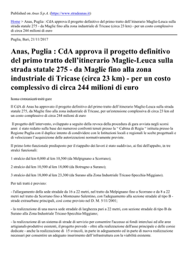 Anas, Puglia : Cda Approva Il Progetto Definitivo Del Primo