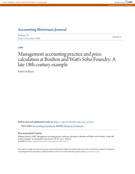 Management Accounting Practice and Price Calculation at Boulton and Watt's Soho Foundry: a Late 18Th Century Example Robert Williams