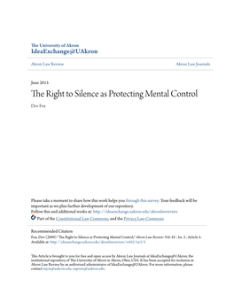 The Right to Silence As Protecting Mental Control Dov Fox