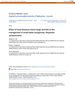 Effect of Travel Distance, Home Range, and Bait on the Management of Small Indian Mongooses, <I>Herpestes Auropunctatus<