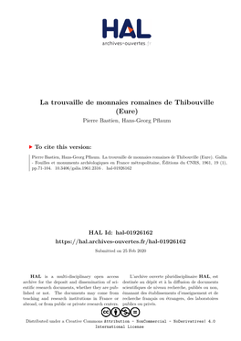 La Trouvaille De Monnaies Romaines De Thibouville (Eure) Pierre Bastien, Hans-Georg Pflaum