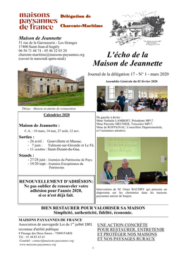 L'écho De La Maison De Jeannette Journal De La Délégation 17 - N° 1 - Mars 2020 Assemblée Générale Du 02 Février 2020