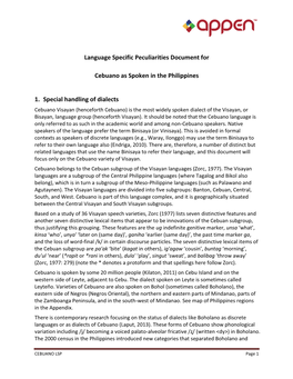 Language Specific Peculiarities Document for Cebuano As Spoken