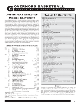 OVERNORS BASKETBALL GGG Austin Peay State University Austin Peay Athletics Table of Contents