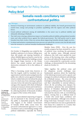 Somalia Needs Conciliatory Not Confrontational Politics Policy Brief