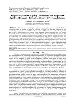 Adaptive Capacity of Regency Governments on Adaption of Agri-Food Research in Southeast Sulawesi Province, Indonesia