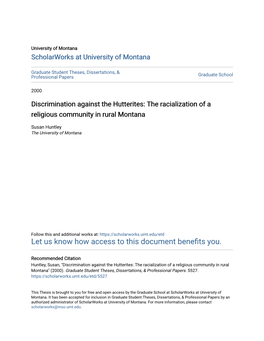 Discrimination Against the Hutterites: the Racialization of a Religious Community in Rural Montana