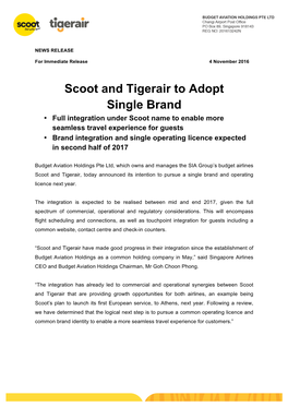 Scoot and Tigerair to Adopt Single Brand