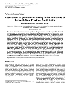 Assessment of Groundwater Quality in the Rural Areas of the North West Province, South Africa