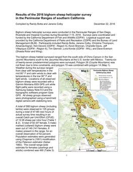 Results of the 2016 Bighorn Sheep Helicopter Survey in the Peninsular Ranges of Southern California