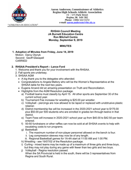 RHSAA Council Meeting JA Burnett Education Centre Ron Mitchell Centre Monday, September 9, 2019