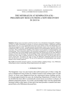The Mithraeum at Kempraten (Ch) – Preliminary Results from a New Discovery in 2015/16