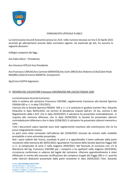 Comunicato Ufficiale N.296/1