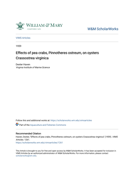 Effects of Pea Crabs, Pinnotheres Ostreum, on Oysters Crassostrea Virginica