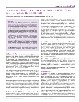 Sentinel Surveillance Detects Low Circulation of Vibrio Cholerae Serotype Inaba in Haiti, 2011–2012