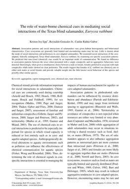 The Role of Water-Borne Chemical Cues in Mediating Social Interactions of the Texas Blind Salamander, Eurycea Rathbuni