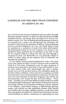 Garibaldi and the First Peace Congress in Geneva in 1867