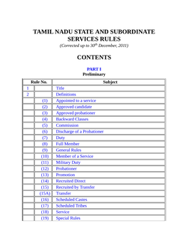 TAMIL NADU STATE and SUBORDINATE SERVICES RULES (Corrected up to 30Th December, 2011)