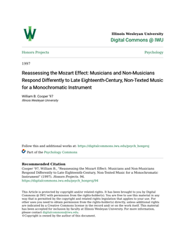 Reassessing the Mozart Effect: Musicians and Non-Musicians Respond Differently to Late Eighteenth-Century, Non-Texted Music for a Monochromatic Instrument