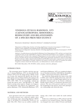 Vinodolia Fiumana Radoman, 1973 (Caenogastropoda: Rissooidea): Rediscovery and Relationships of a Species Presumed Extinct