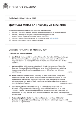 Questions Tabled on Thu 28 Jun 2018