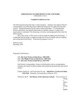 Chronology of John Dewey's Life and Work Updated 11/30/16