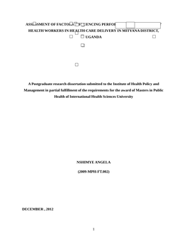 Assessment of Factors Influencing Performance of Community Health Workers in Health Care Delivery in Mityana District, Uganda