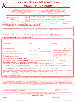 Killeen Parks & Recreation Registration Form