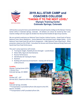 2019 ALL-STAR CAMP and COACHES COLLEGE *TAKING IT to the NEXT LEVEL* Olympic Training Center Colorado Springs, Colorado