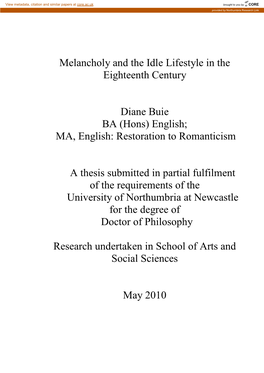 Melancholy and the Idle Lifestyle in the Eighteenth Century Diane Buie