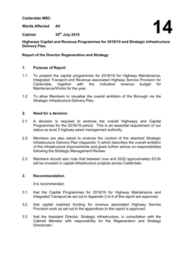 Highways Capital and Revenue Programmes for 2018/19 and Strategic Infrastructure Delivery Plan