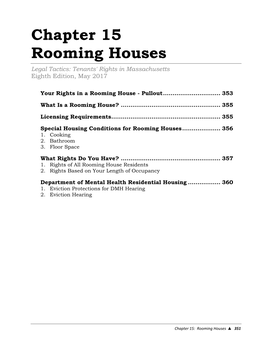 Chapter 15 Rooming Houses Legal Tactics: Tenants' Rights in Massachusetts Eighth Edition, May 2017