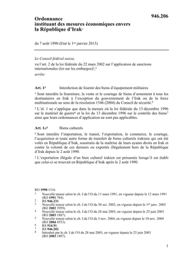 Ordonnance Instituant Des Mesures Économiques Envers La République D’Irak1 Du 7 Août 1990 (Etat Le 1Er Janvier 2013)