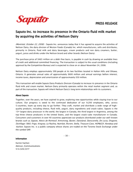 PRESS RELEASE Saputo Inc. to Increase Its Presence in the Ontario
