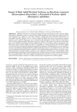 Impact of Rag1 Aphid Resistant Soybeans on Binodoxys Communis (Hymenoptera: Braconidae), a Parasitoid of Soybean Aphid (Hemiptera: Aphididae)