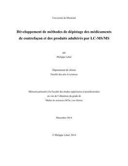 Développement De Méthodes De Dépistage Des Médicaments De Contrefaçon Et Des Produits Adultérés Par LC-MS/MS