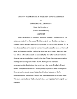 VIRGINITY and MARRIAGE in the EARLY CHRISTIAN CHURCH By