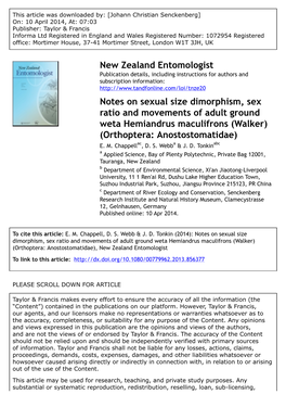 Notes on Sexual Size Dimorphism, Sex Ratio and Movements of Adult Ground Weta Hemiandrus Maculifrons (Walker) (Orthoptera: Anostostomatidae) E