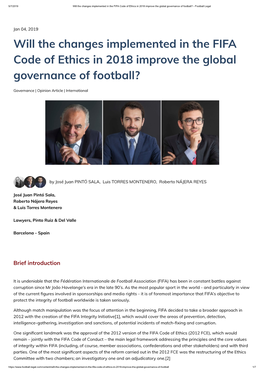 Will the Changes Implemented in the FIFA Code of Ethics in 2018 Improve the Global Governance of Football? - Football Legal