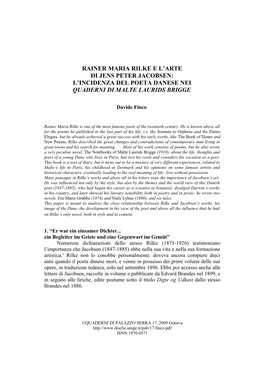 Rainer Maria Rilke E L'arte Di Jens Peter Jacobsen: L'incidenza Del Poeta Danese Nei Quaderni Di Malte Laurids Brigge