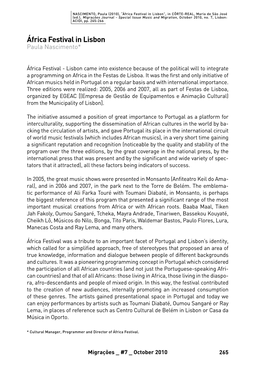 África Festival in Lisbon”, in CÔRTE-REAL, Maria De São José (Ed.), Migrações Journal - Special Issue Music and Migration, October 2010, No