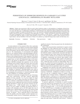 Persistence of Herbicide Residues in Gammarus Lacustris (Crustacea: Amphipoda) in Prairie Wetlands