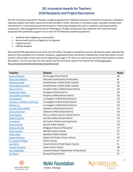 SEL Innovation Awards for Teachers 2018 Recipients and Project Descriptions