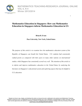 Mathematics Education in Singapore: How Can Mathematics Education in Singapore Inform Mathematics Education in US