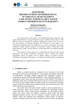 Magersari: Restructuring Gendered Space in Vernacular Settlement Case Study: Particularly Dalem (Noble's Residences) in Surak