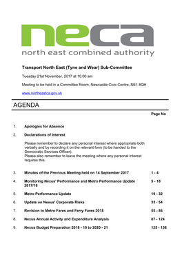 (Public Pack)Agenda Document for North East Combined Authority, Transport North East (Tyne and Wear) Sub-Committee, 21/11/2017 1