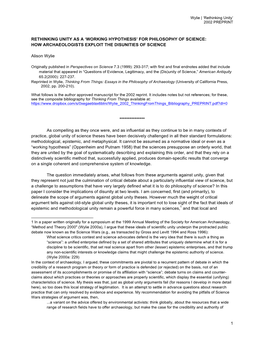 1 Rethinking Unity As a 'Working Hypothesis' for Philosophy of Science: How Archaeologists Exploit the Disunities of Science